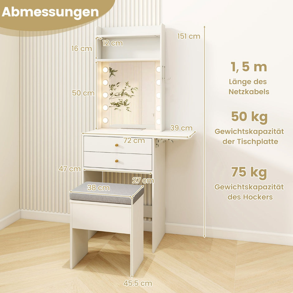 Sminkbord – med belysning Frisyrbord laddstation Puff förvaring – Vit