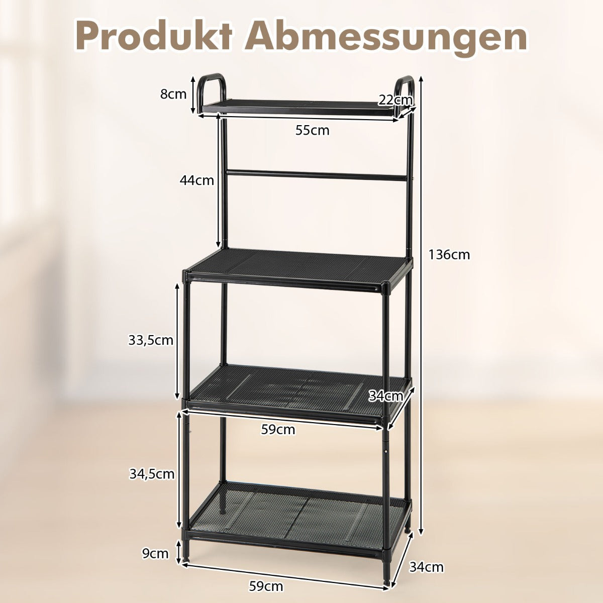 Köksregal – nivå Mikrovågsställ med justerbara hyllplan i metall – 4 59 x 34 x 136 cm – Svart