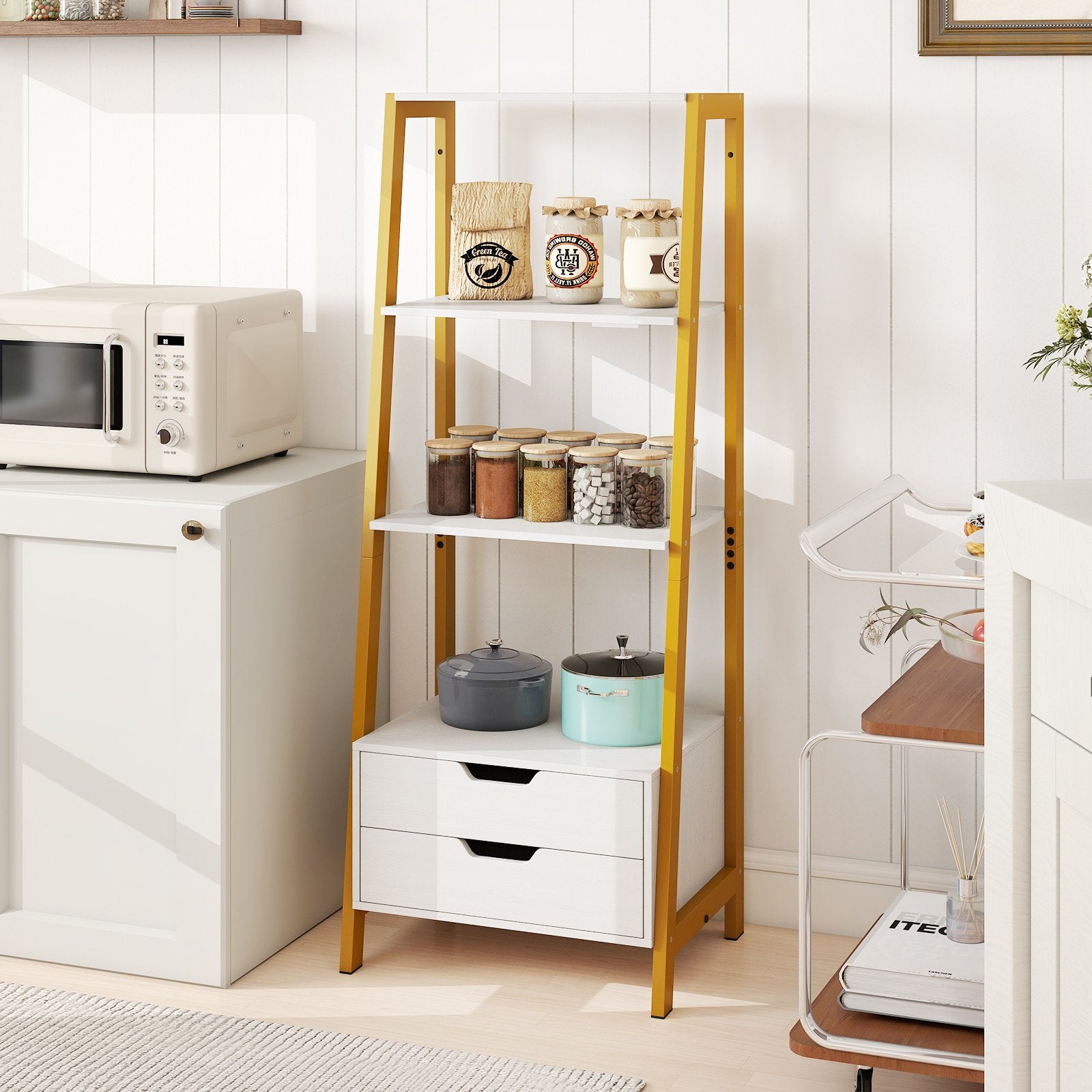 Fristående – steghylla bokhylla med öppna hyllor och lådor, mångsidig i vitt – 134 cm 4 2 – Vit