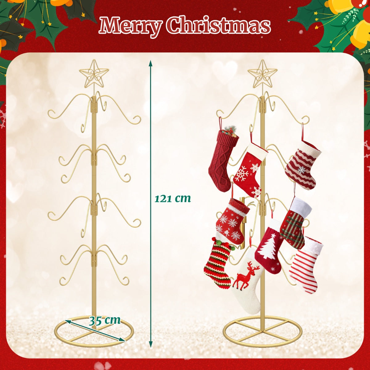 Julstrumphållare – Displayträd med Krok och Stjärntopp Prydnadshängställning Metallställare – 16 – Guld