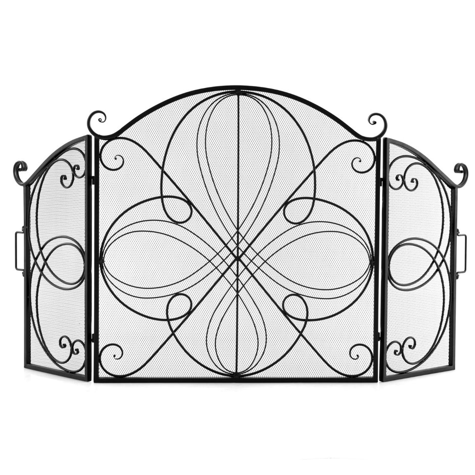 delat – hopfällbart gnistskydd med blommönster dekorativ spisspärr gjord av trådnät robust – 3 151 x 83 cm – Svart