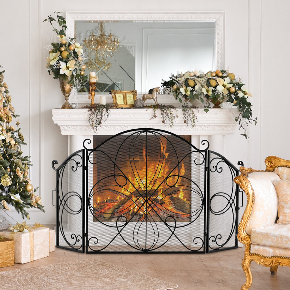 delat – hopfällbart gnistskydd med blommönster dekorativ spisspärr gjord av trådnät robust – 3 151 x 83 cm – Svart
