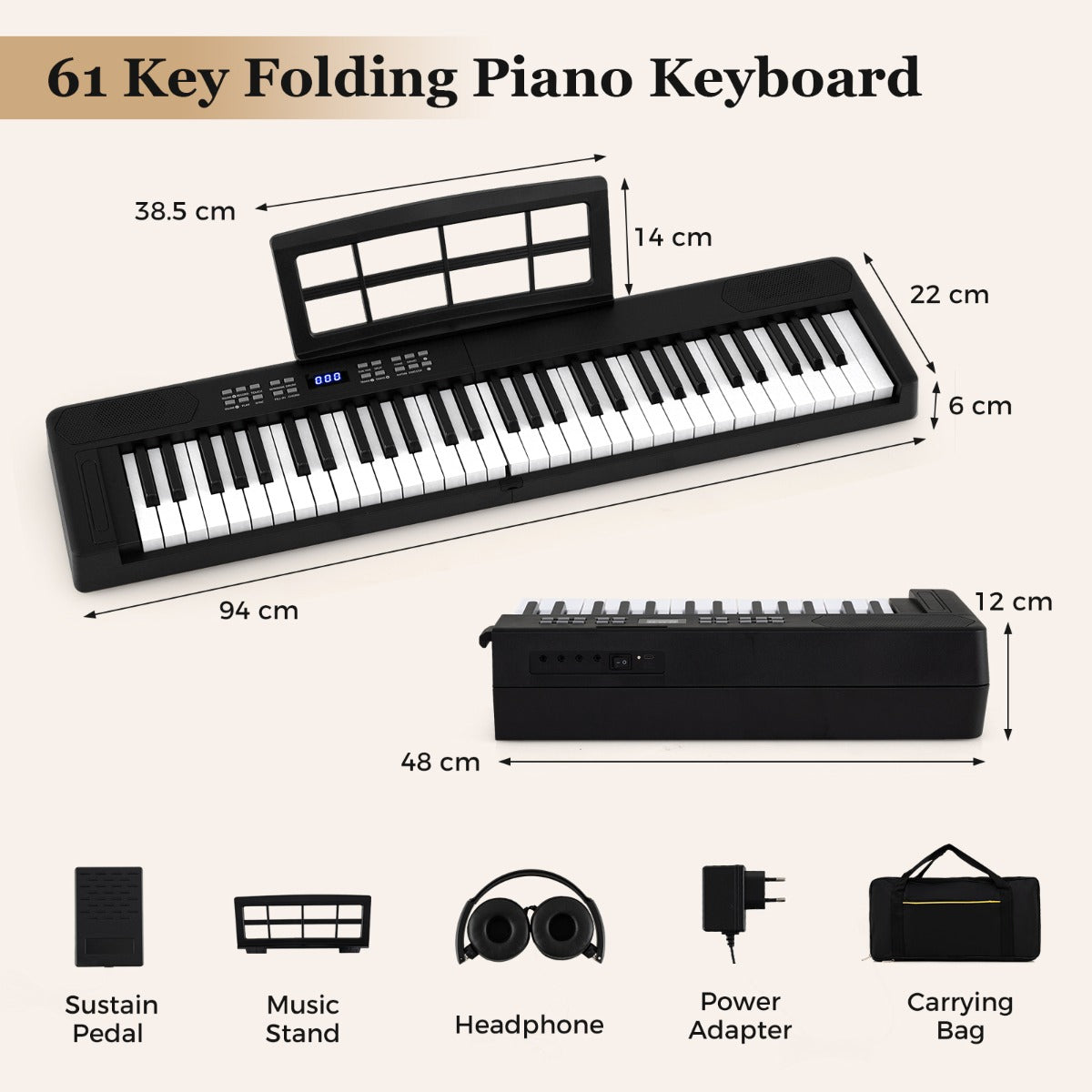 tangenter – hopfällbart pianoklaviatur fullskaligt elektroniskt keyboard med MIDI och Split funktion – 61 – Svart