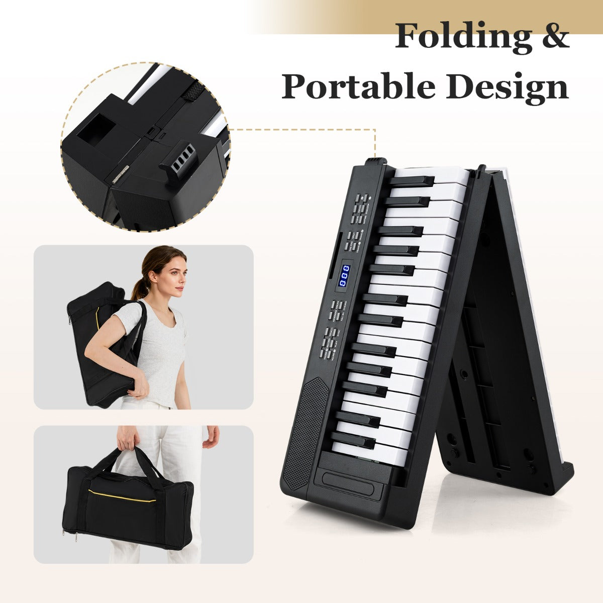 tangenter – hopfällbart pianoklaviatur fullskaligt elektroniskt keyboard med MIDI och Split funktion – 61 – Svart