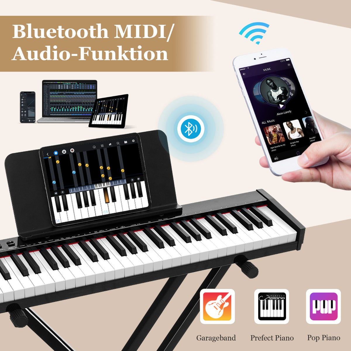 Bärbar – elektronisk klaviatur med tangenter och stativ pall Elektriskt Piano Digital Keyboard – 61 – Svart