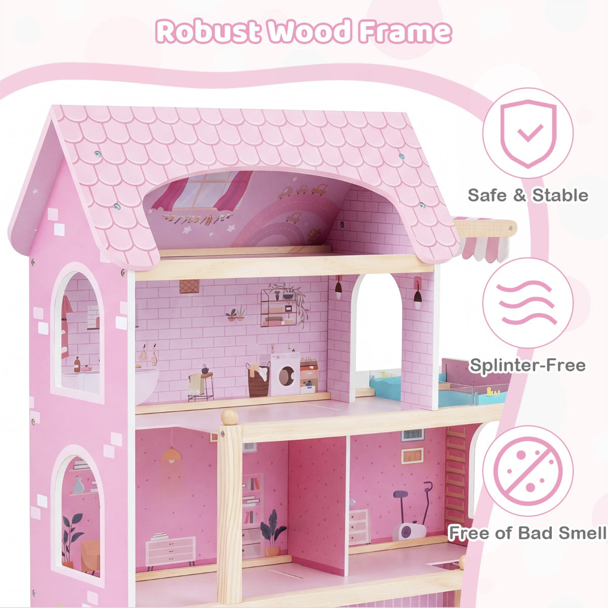 Barns – trädockhus med möbler DIY lekhus balkong och pool – 33 – Rosa