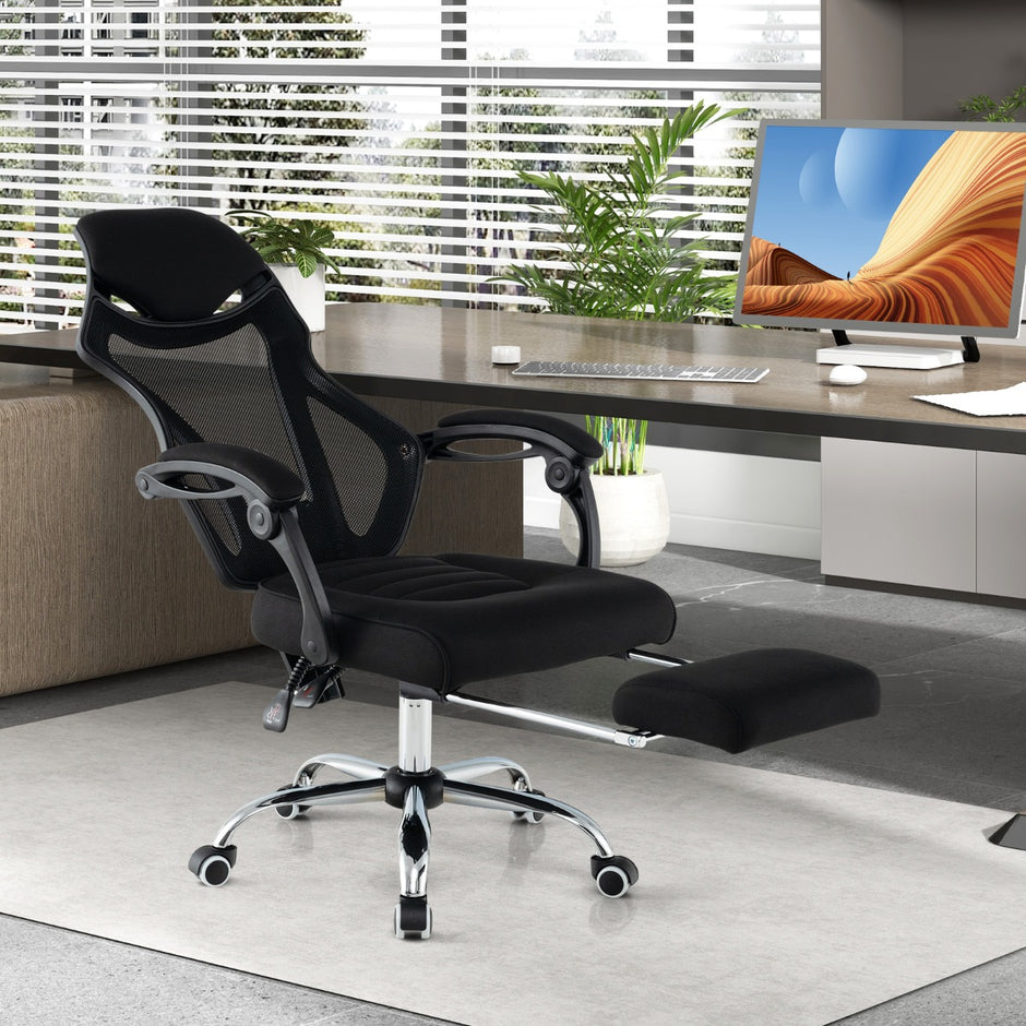 Ergonomisk – kontorsstol i mesh med fotstöd och höjdjusterbart fällbart ryggstöd Executive – Svart