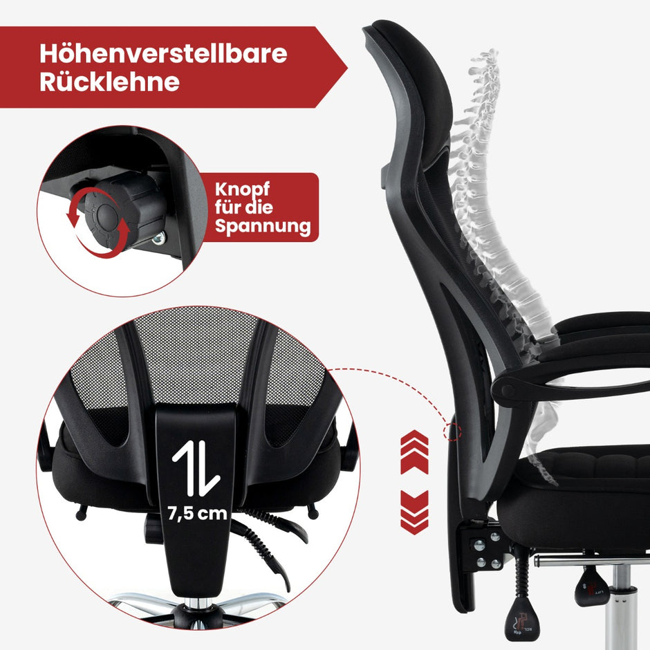 Ergonomisk – kontorsstol i mesh med fotstöd och höjdjusterbart fällbart ryggstöd Executive – Svart