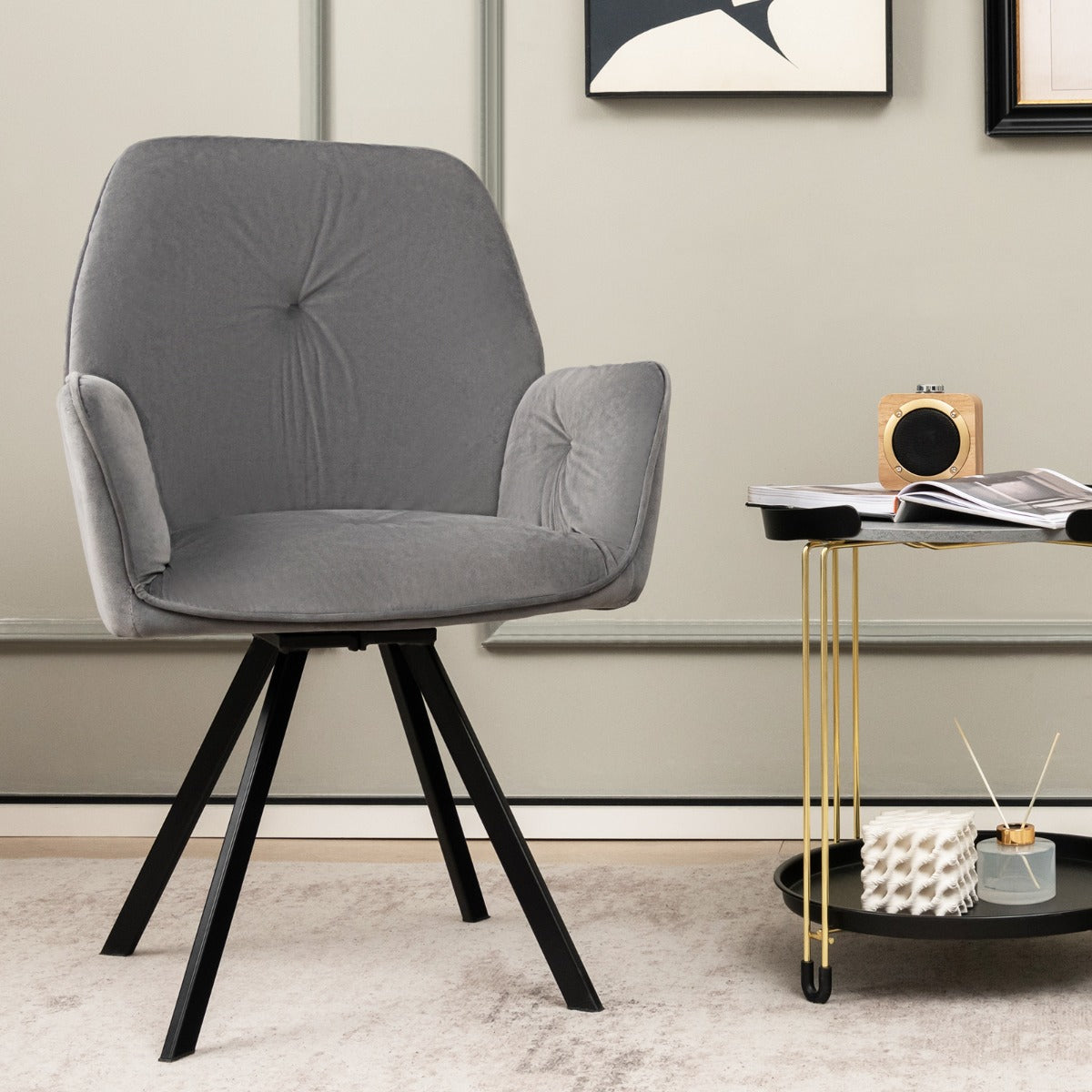 Set – med snurrstolar av sammet, 360° vridbara matsalsstolar metallben, – 2 , 63 x 59 x 87 cm – Grå
