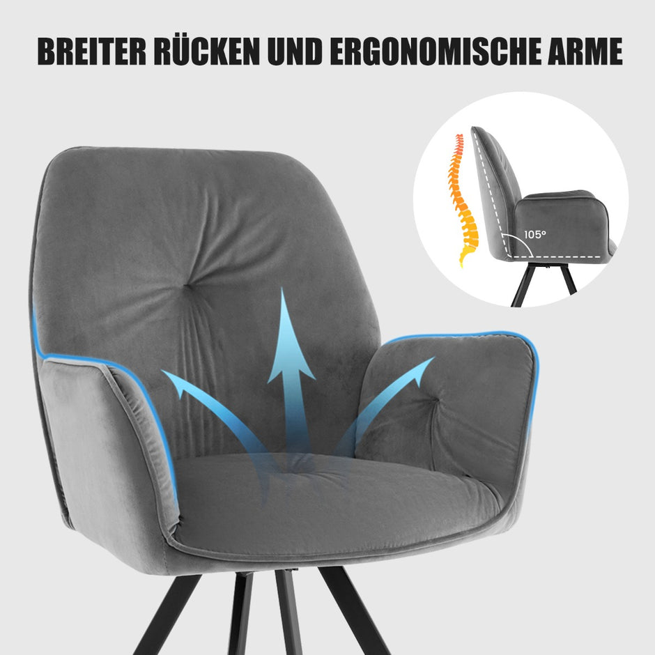 Set – med snurrstolar av sammet, 360° vridbara matsalsstolar metallben, – 2 , 63 x 59 x 87 cm – Grå
