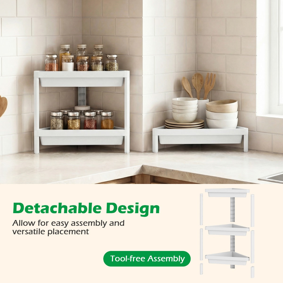 pack – hörnhylla med avtagbar design och dräneringshål fristående badrumshylla Vitt – 2 – Vit