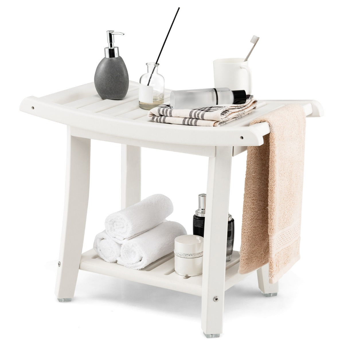 Duschbänk – Vattentät duschpall med böjd sits – 60,5 x 34 x 48 cm – Vit