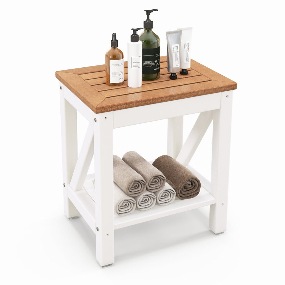 Duschbänk – badrumsbänk med hylla upp till lastkapacitet vattentät – 150 kg 43 x 32 x 47 cm – Vit