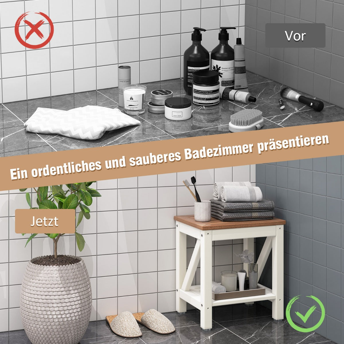 Duschbänk – badrumsbänk med hylla upp till lastkapacitet vattentät – 150 kg 43 x 32 x 47 cm – Vit