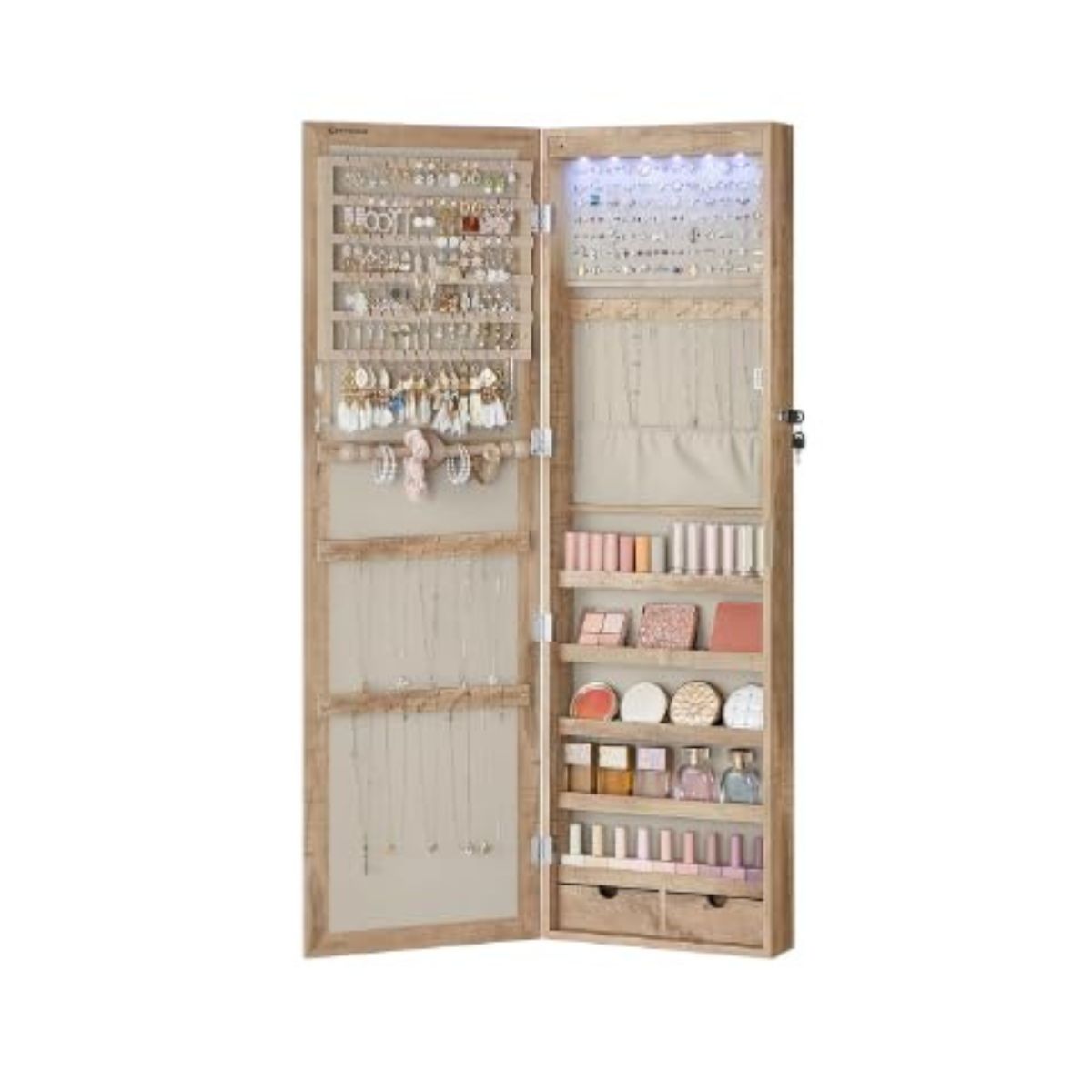Smyckeskåp – med LED belysning Smyckeshylla spegel Låsbar – Beige