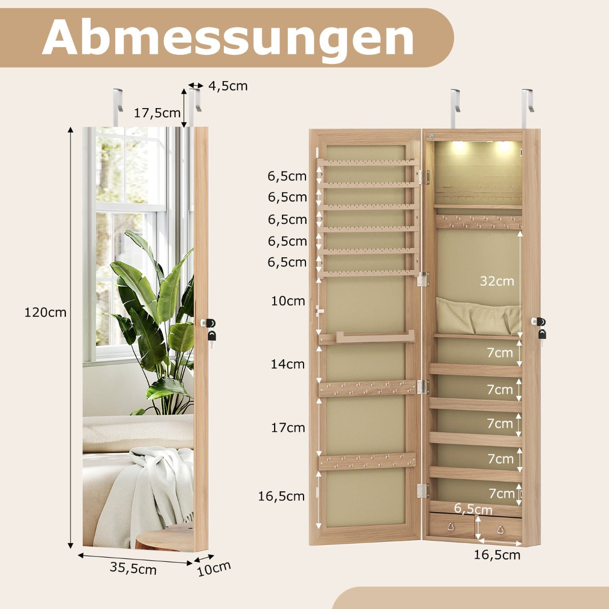 Smyckeskåp – med LED belysning Smyckeshylla spegel Låsbar – Beige