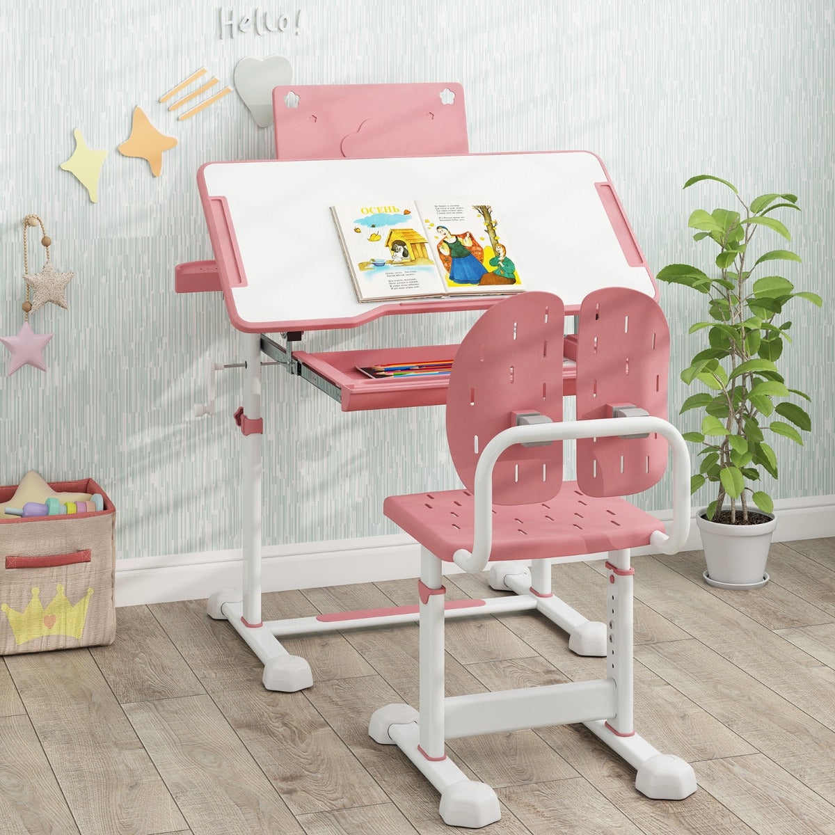 Barnskrivbord – med stol Höj och sänkbart lutbar bordsskiva – Rosa