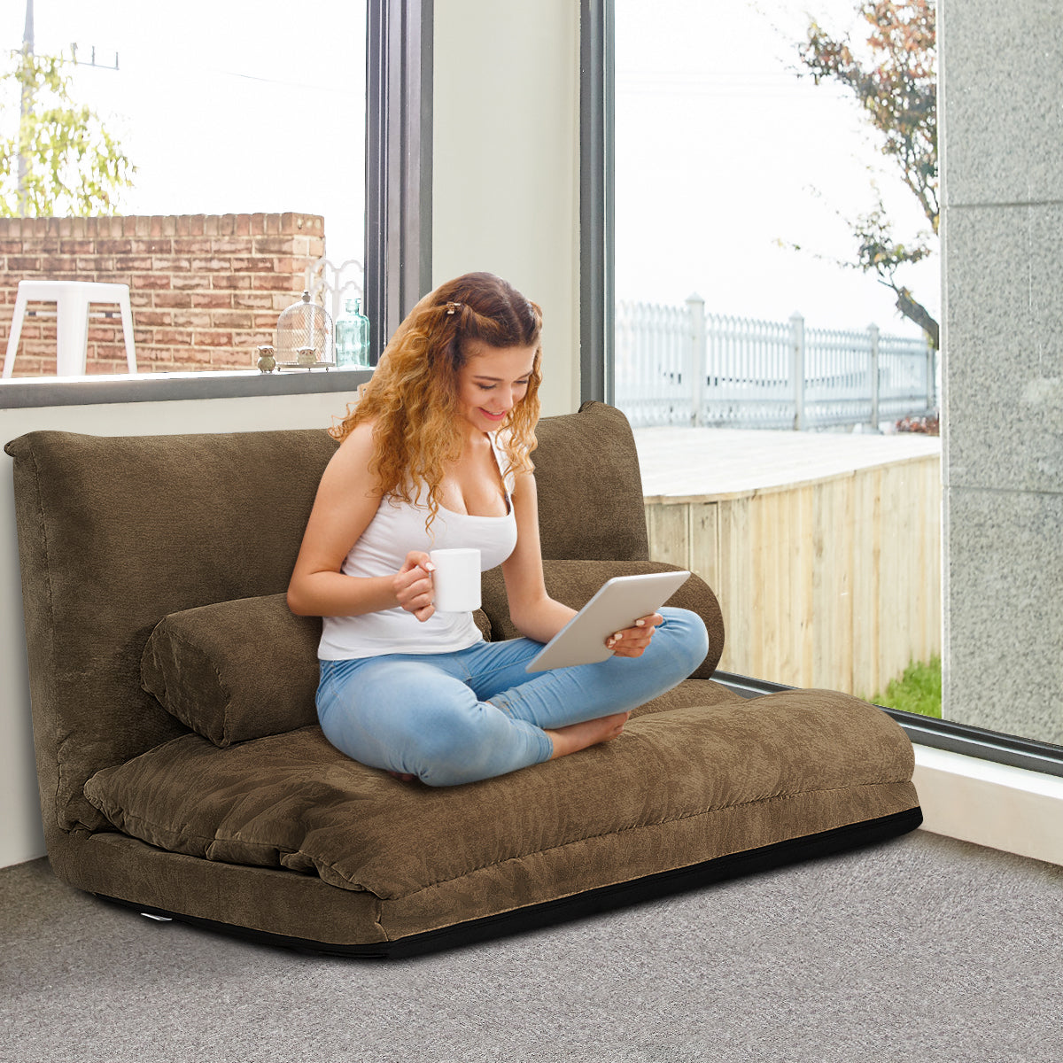 Ihopfällbar – Golvsoffa Sofa säng med Kudd och Ryggstöd steg Inställningsbar Golvfåtölj – 2 6 – Brun