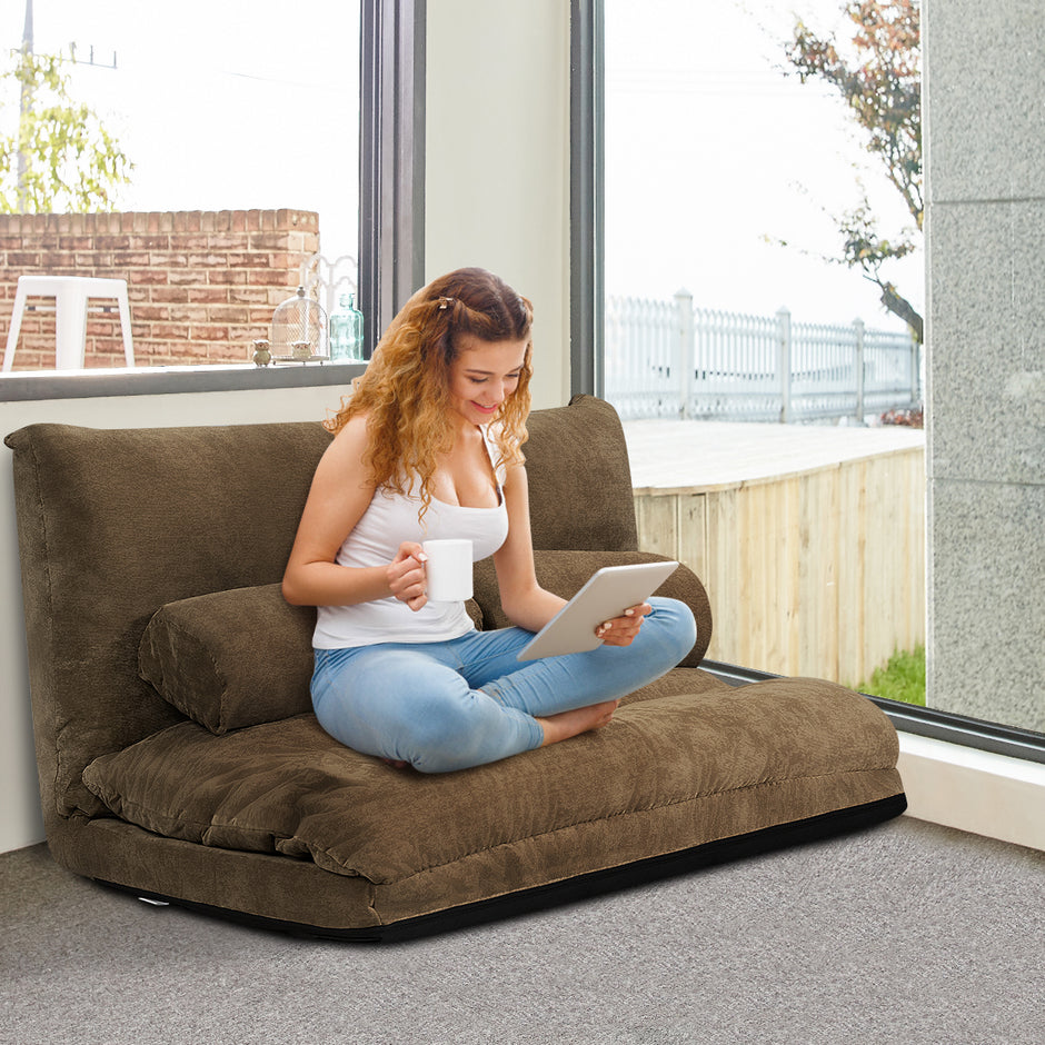 Ihopfällbar – Golvsoffa Sofa säng med Kudd och Ryggstöd steg Inställningsbar Golvfåtölj – 2 6 – Brun