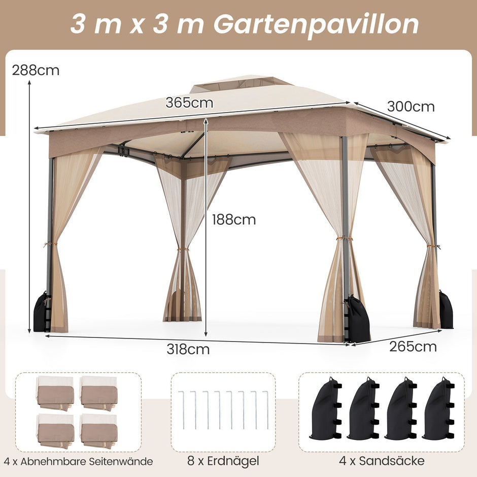 Paviljong – med sandsäckar och myggnät dubbelt tak Vattentätt Stabilt Vinterbeständigt – 3 x 3,6 m 4 4 – Khaki