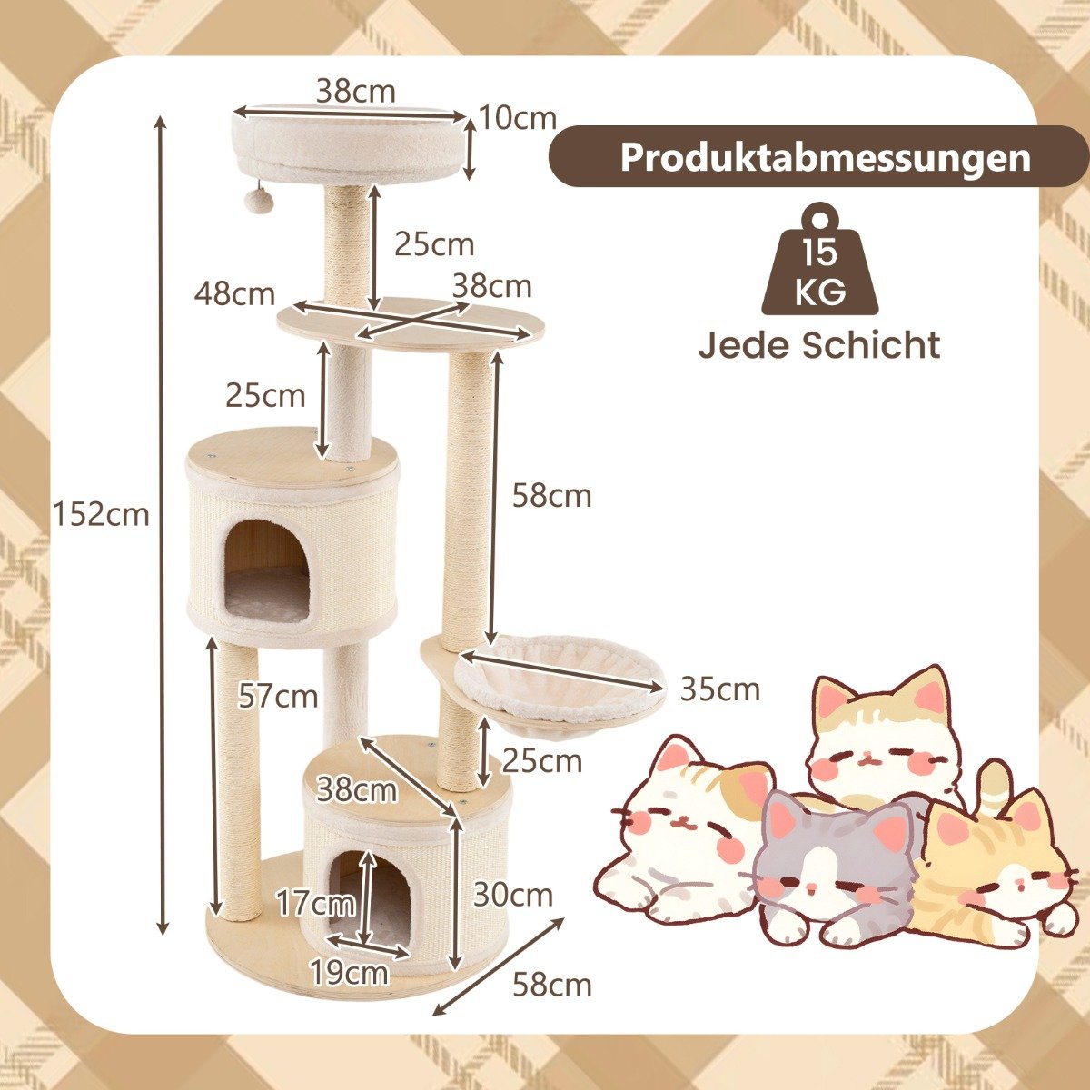 Klösträd – med kattgrottor och korg sisal klöspost leksaksboll kattträd klätterträd – 2 152 cm – Natur