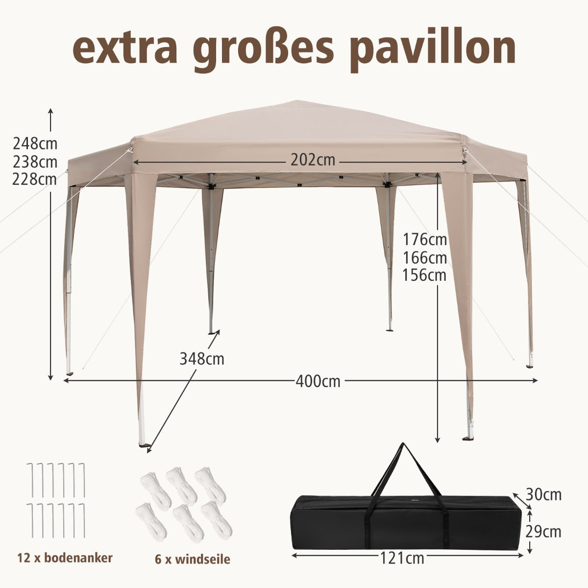 Sexkantigt – pop up tält med dragna ben och bärväska paviljong – Khaki