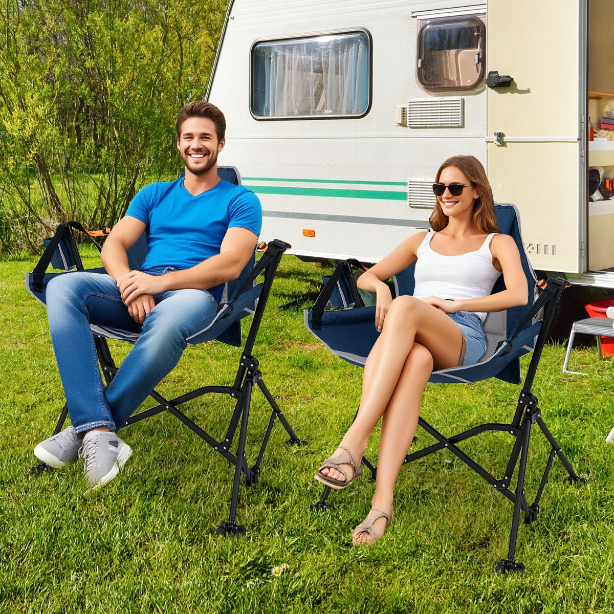 Fällbar – campingstol med justerbart ryggstöd och dryckeshållare – Blå
