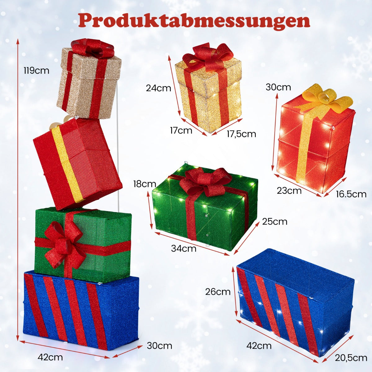 pack – upplysta julklappslådor, lysande presentlådor med färgglada rosetter, flerfärgade – 4 – Flerfärgad