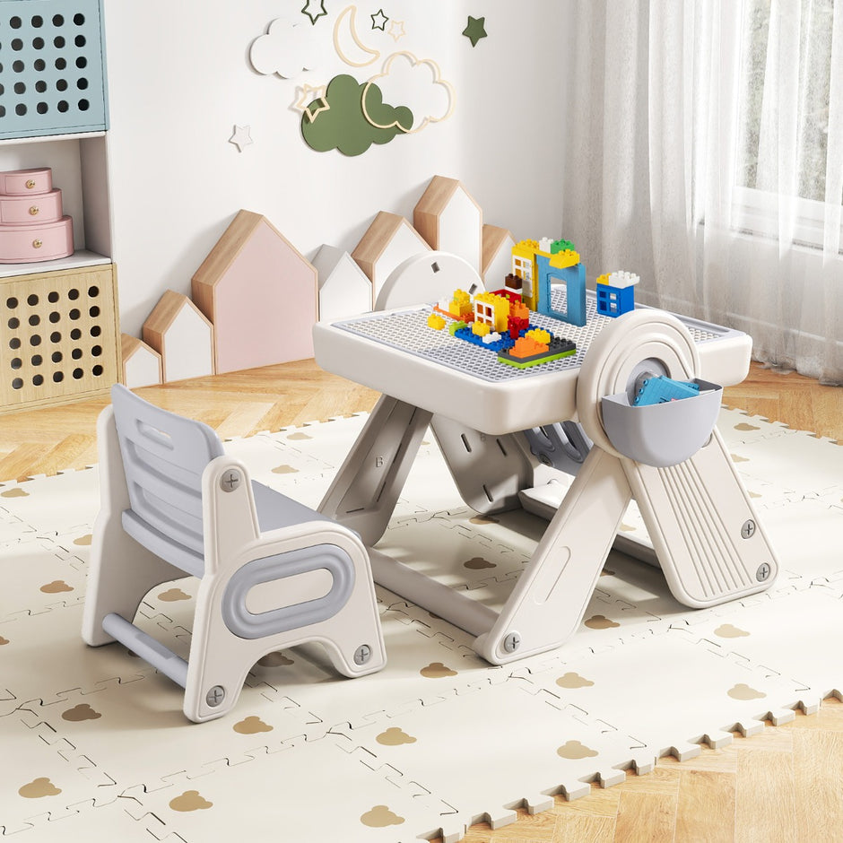 i – Byggklossbord och Staffli Set med Vändbar Bordskiva Konststaffeli Spelbord – 6 1 – Grå