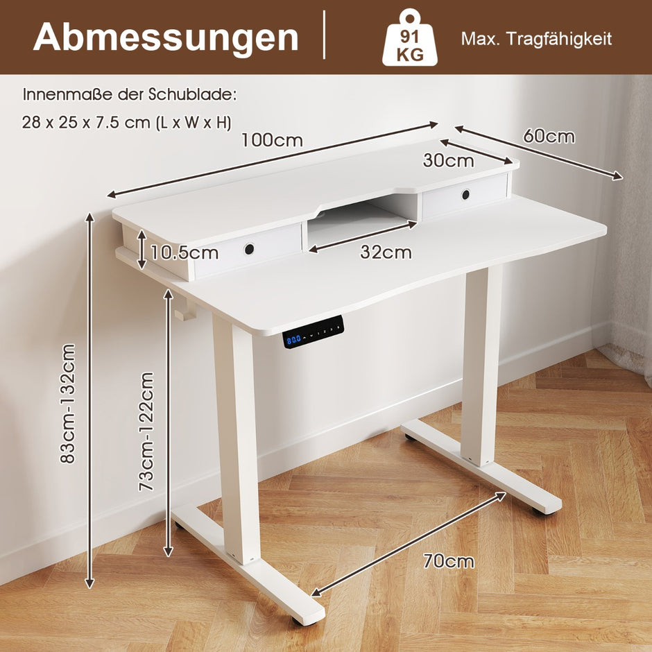 Höj – och sänkbar skrivbord med monitorställ lådor krokar datorbord – 2 – Vit