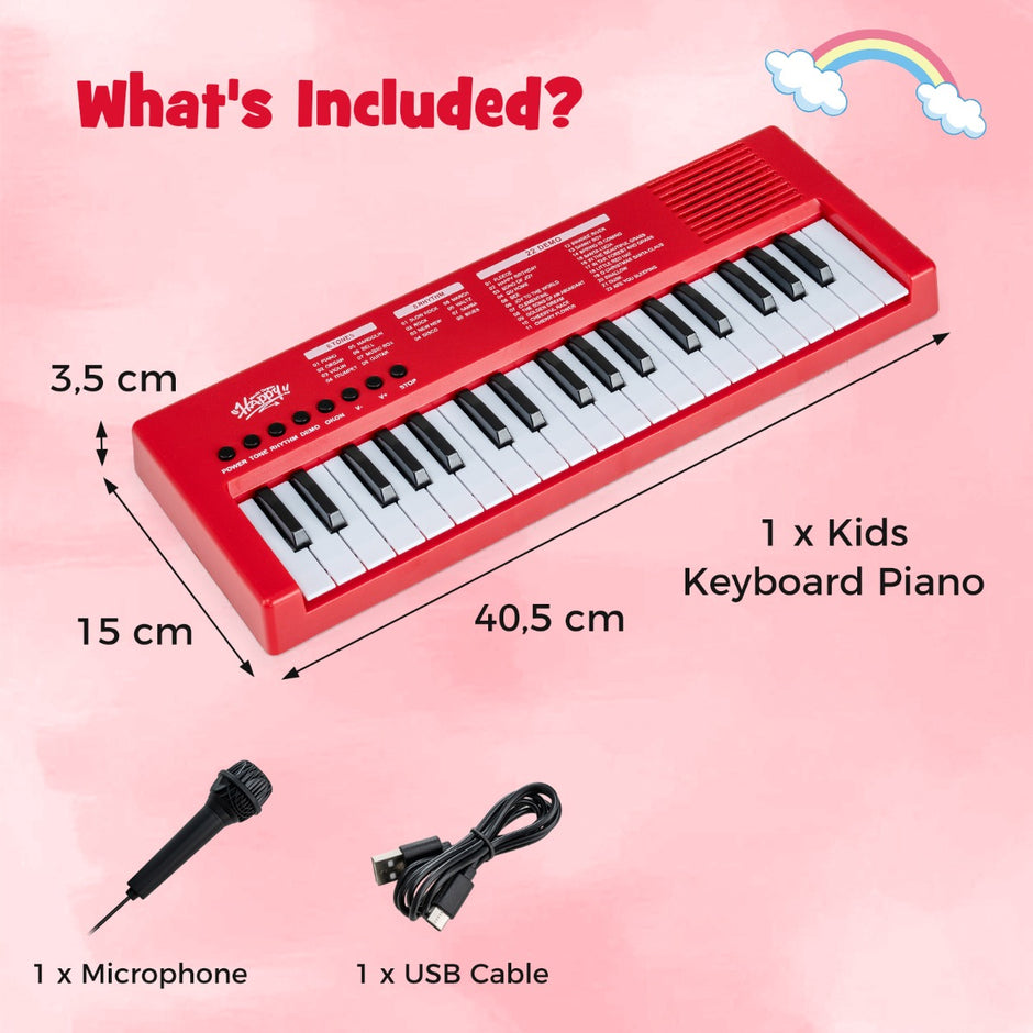 Barn – Piano Keyboard Tangent bärbar med Rytm Klangfärg och Demo – 37 8 8 22 – Röd