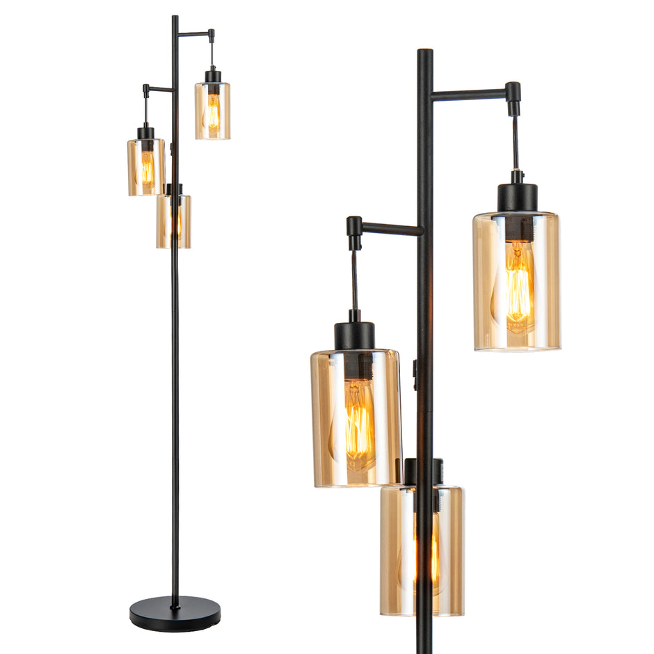 Golvlampa – med hängande bruna glaslampor och fotbrytare metallbas – 3 164 cm – Svart