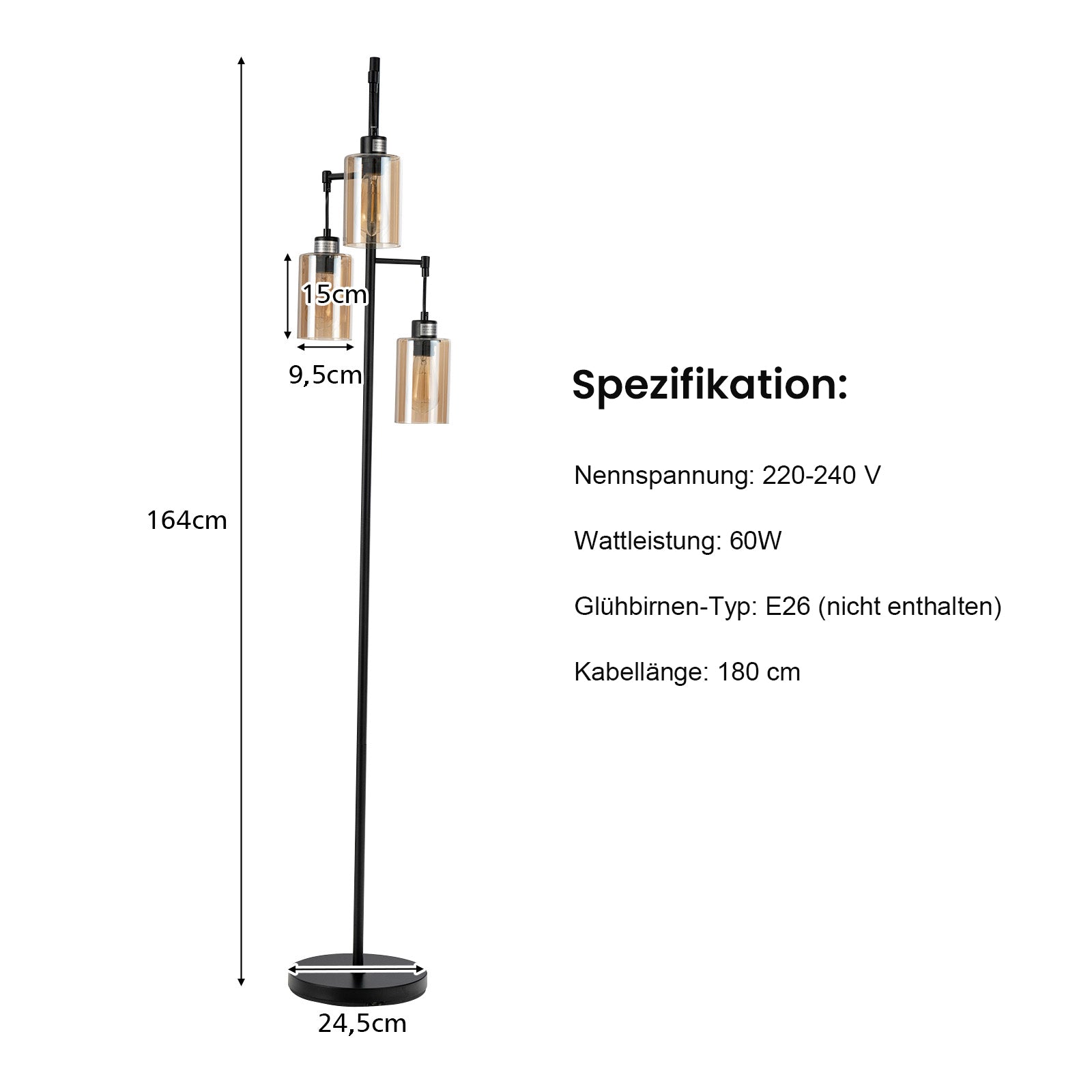 Golvlampa – med hängande bruna glaslampor och fotbrytare metallbas – 3 164 cm – Svart
