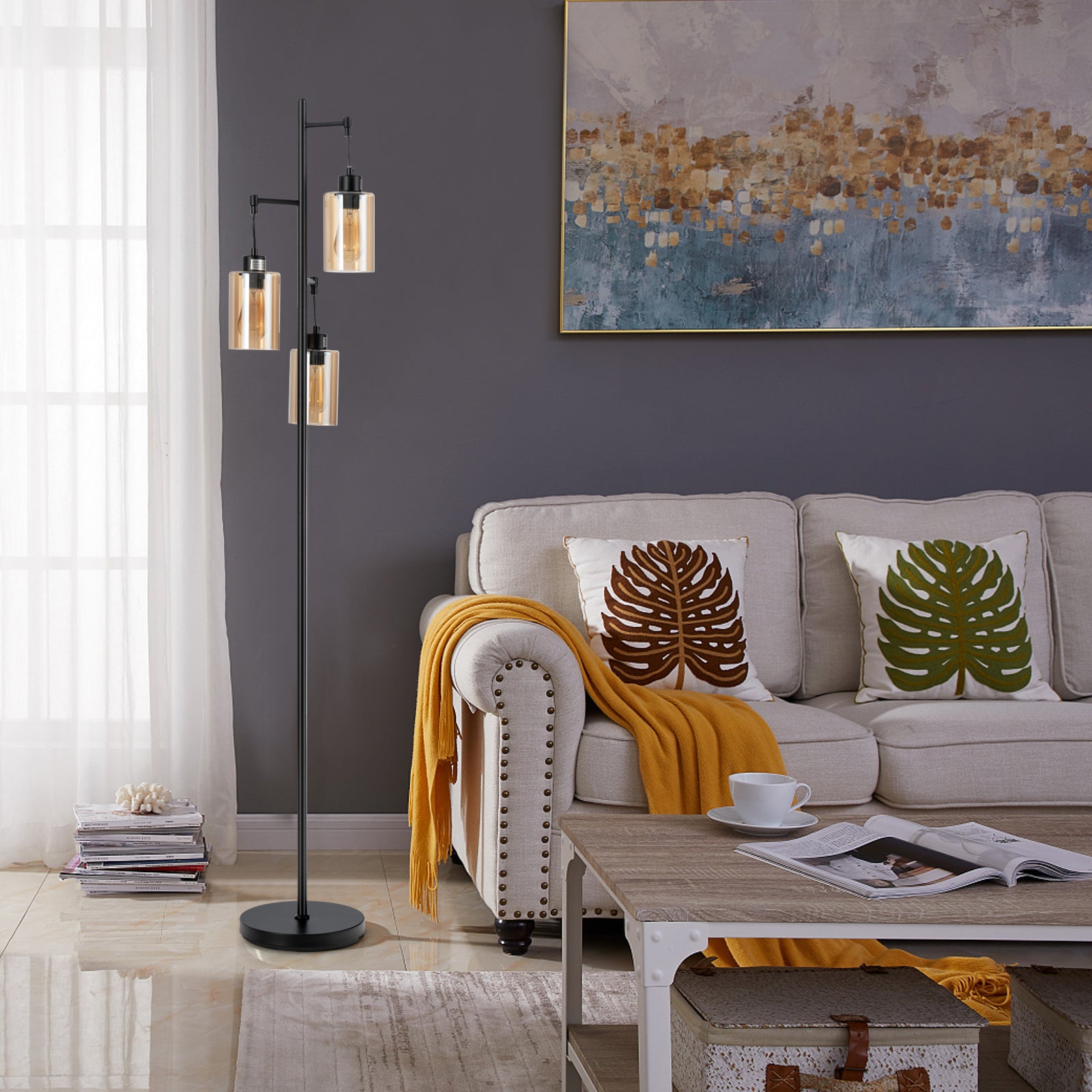 Golvlampa – med hängande bruna glaslampor och fotbrytare metallbas – 3 164 cm – Svart