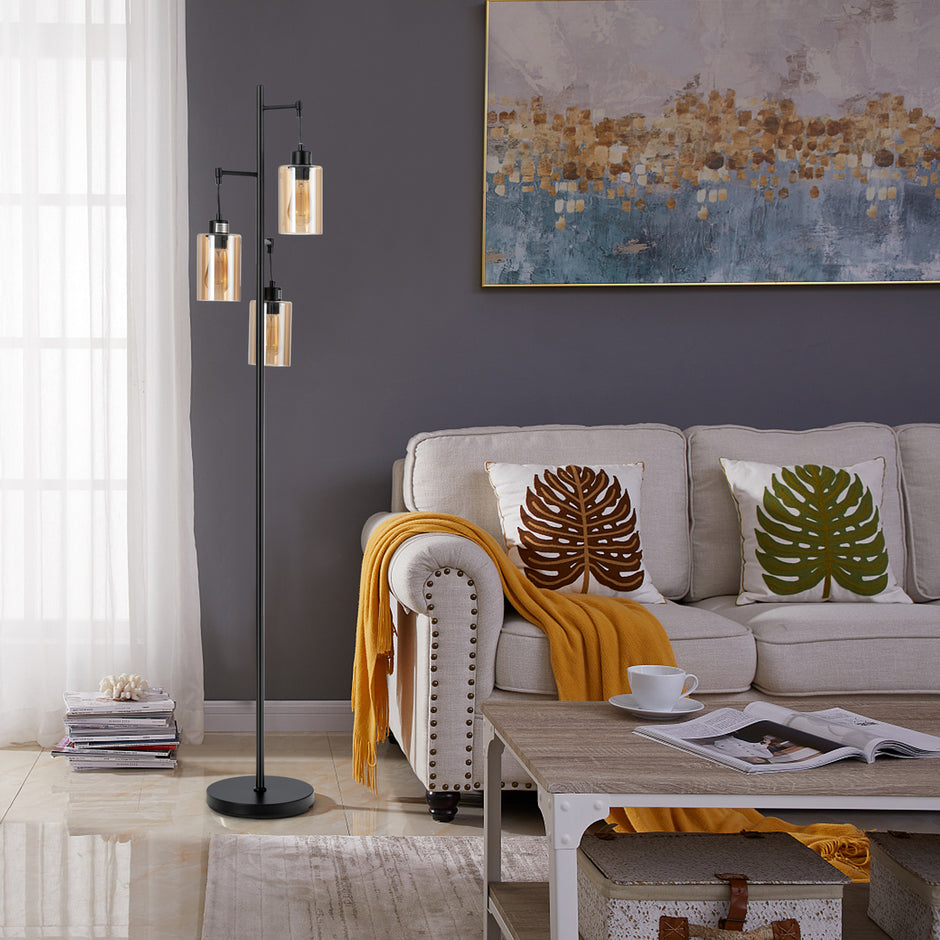 Golvlampa – med hängande bruna glaslampor och fotbrytare metallbas – 3 164 cm – Svart