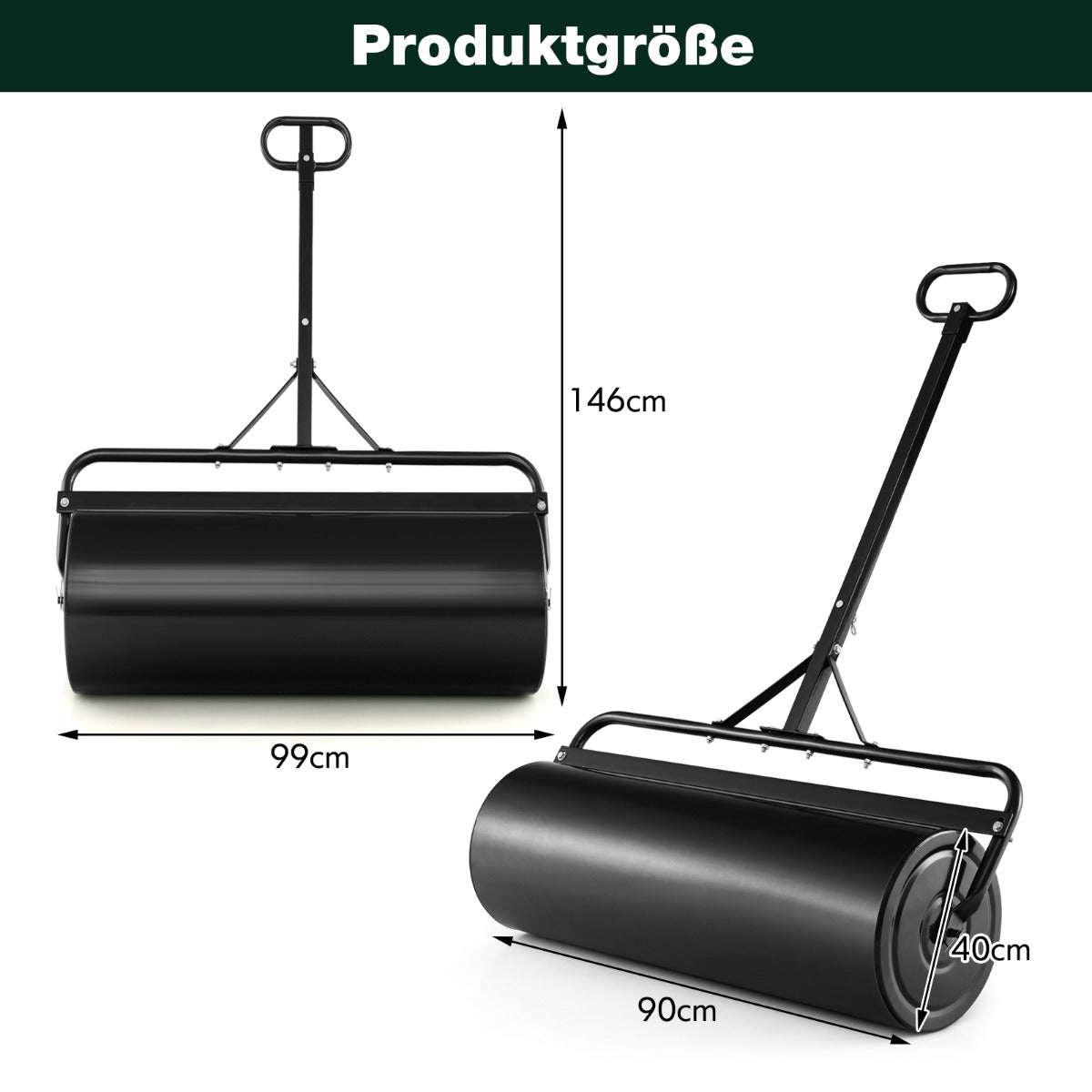Gräsmatta – rulle Metall med handtag fylld vatten/sand – 113 L Ø 40 cm – Svart