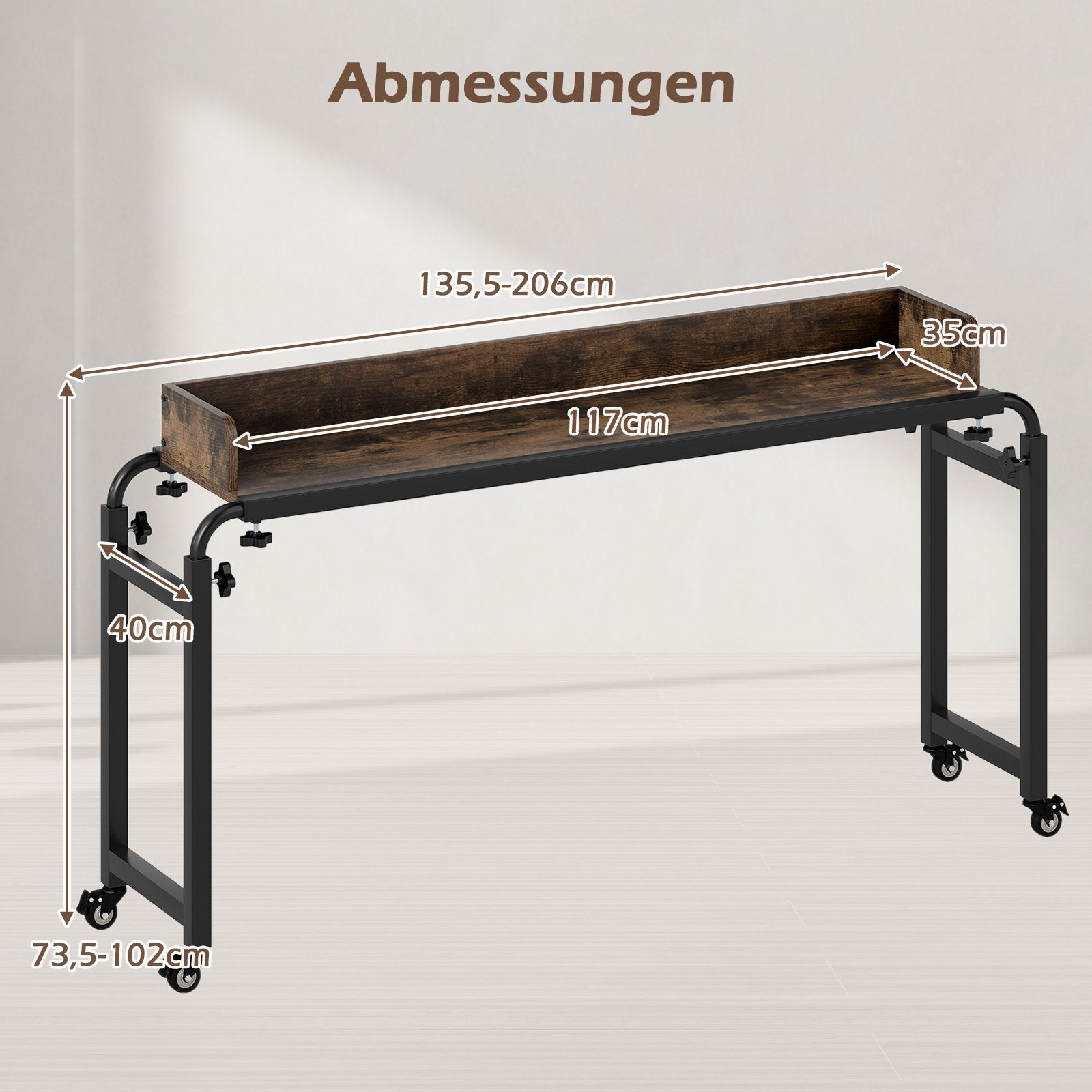 Sängbord – med hjul och Justerbar höjd Längd Vårdbord Skrivbord – Brun