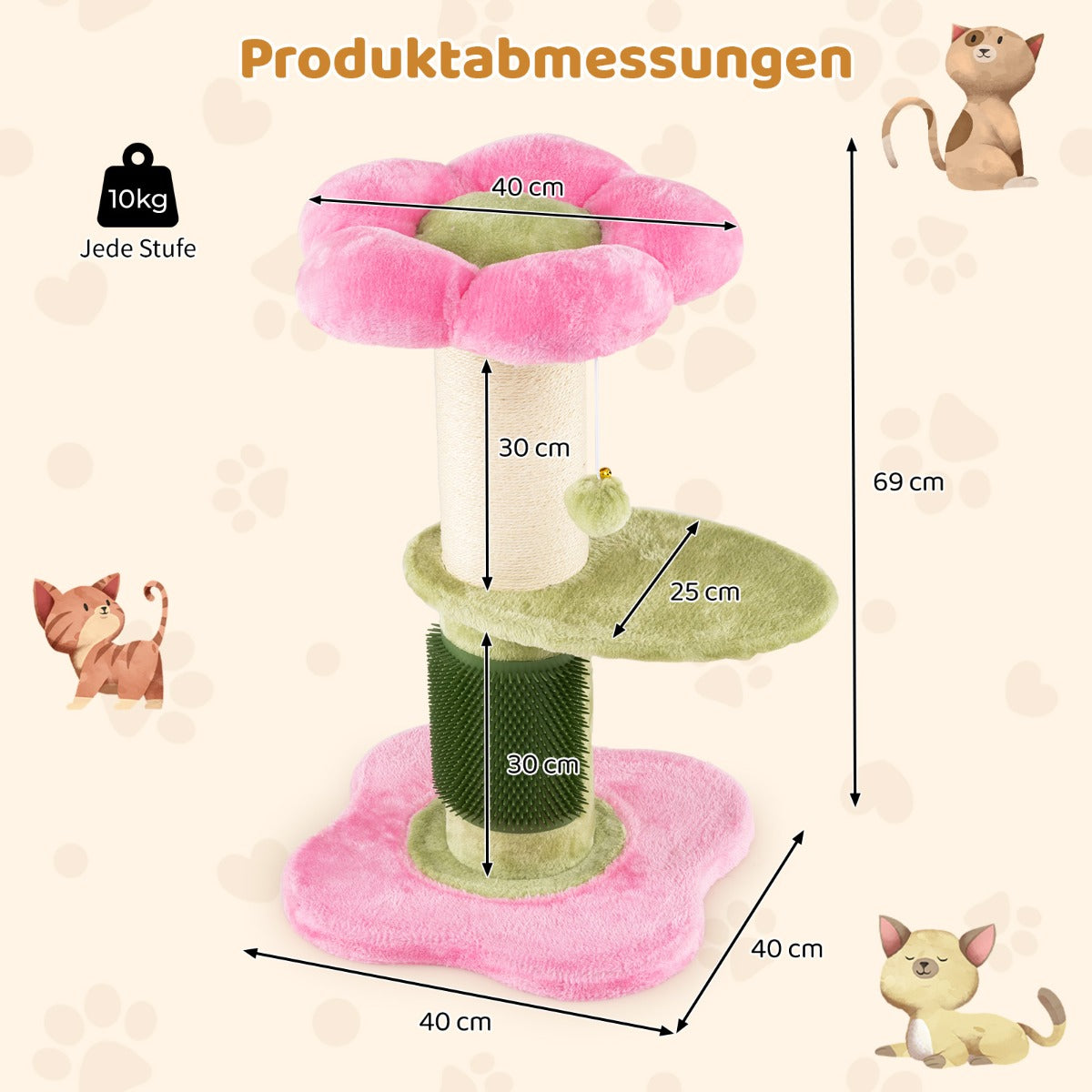 Blommig – kattklätterträd med vadderad plyschsits Litet – 69 cm – Rosa