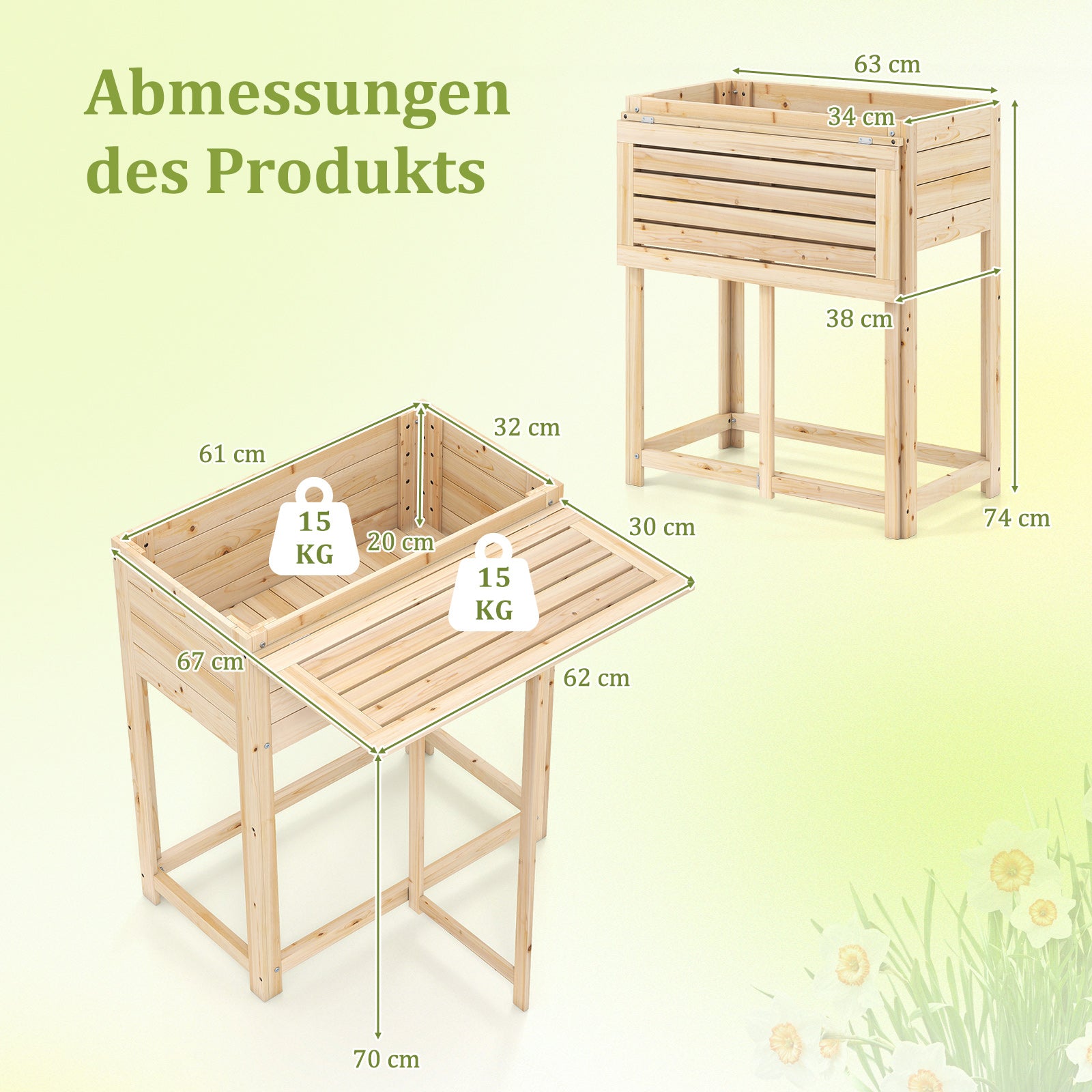 Högbänk – med fällbar bordsskiva, blomlåda i trä avloppshål cm, naturlig. – 63 x 67 x 74 – Natur