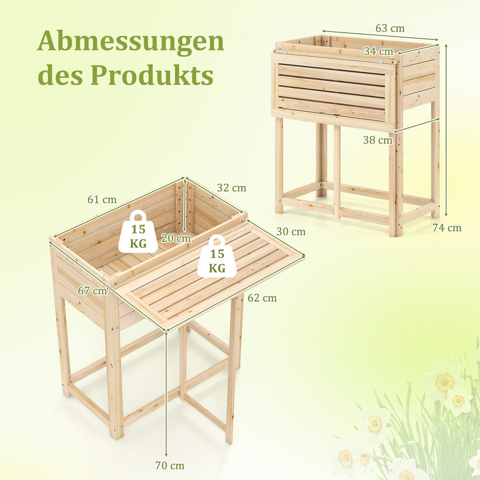 Högbänk – med fällbar bordsskiva, blomlåda i trä avloppshål cm, naturlig. – 63 x 67 x 74 – Natur