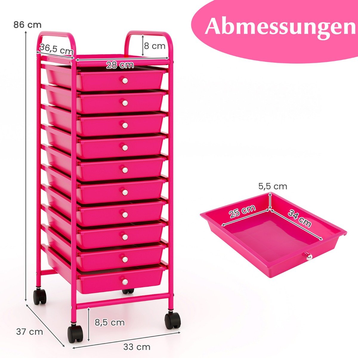 Rullvagn – Bad Rullcontainer Sido med lådor – 10 33 x 37 x 86 cm – Hot Pink