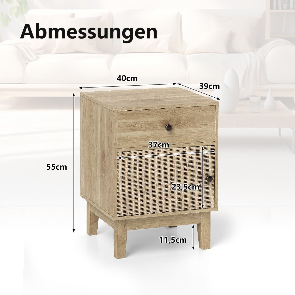 Rattan – nattduksbord med låda och skåp, i boho stil, sidobord i – . – Natur + vit