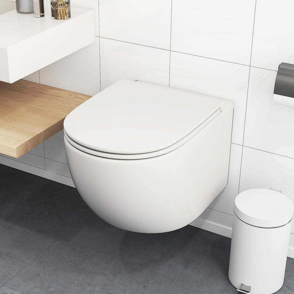 Väggmonterad – WC Keramisk med Toalettlock Dubbelspolningssystem Mjukstängning – Vit