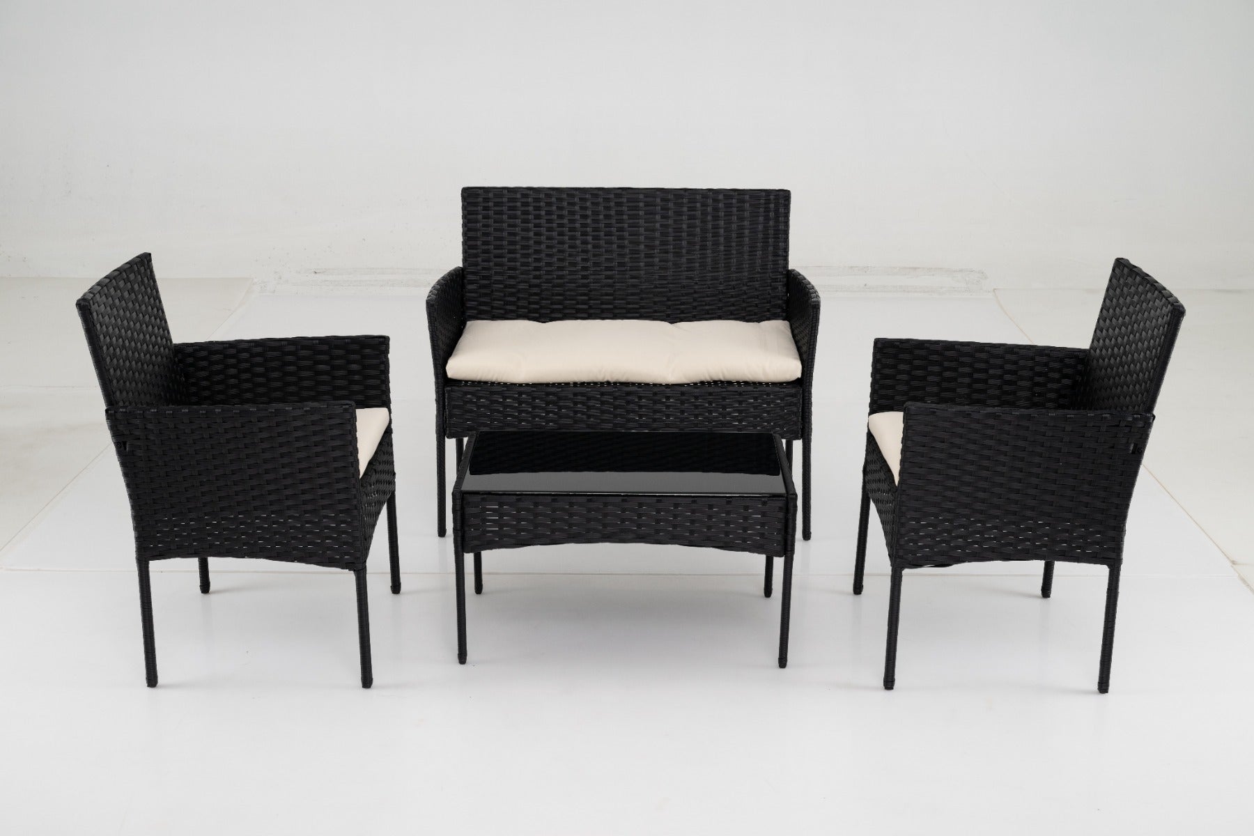Rattangårdsmöbler – set med stolar, bänk, bord och kudde, sittgrupp, trädgårdsmöbler – 2 – Beige