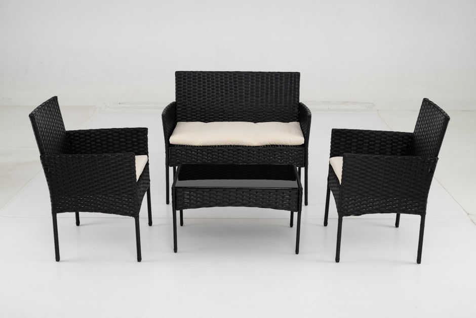Rattangårdsmöbler – set med stolar, bänk, bord och kudde, sittgrupp, trädgårdsmöbler – 2 – Beige
