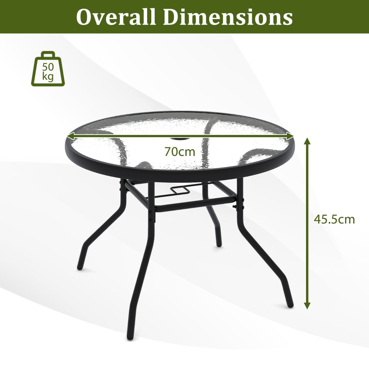 Trädgårdsbord – med parasollhål och glasplatta Utomhus sidobord Rund soffbord Balkongbord – Ø 70 cm – Svart