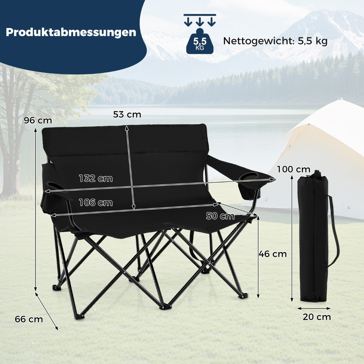 Campingstol – för personer Fällstol med dryckeshållare och armstöd bärväska – 2 – Svart