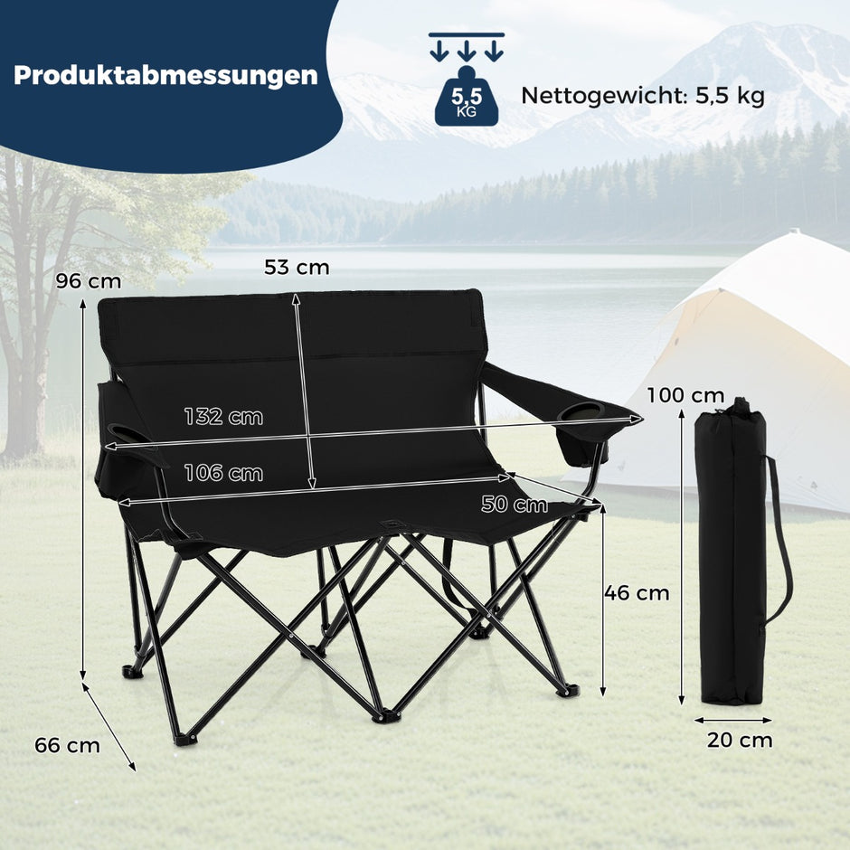 Campingstol – för personer Fällstol med dryckeshållare och armstöd bärväska – 2 – Svart