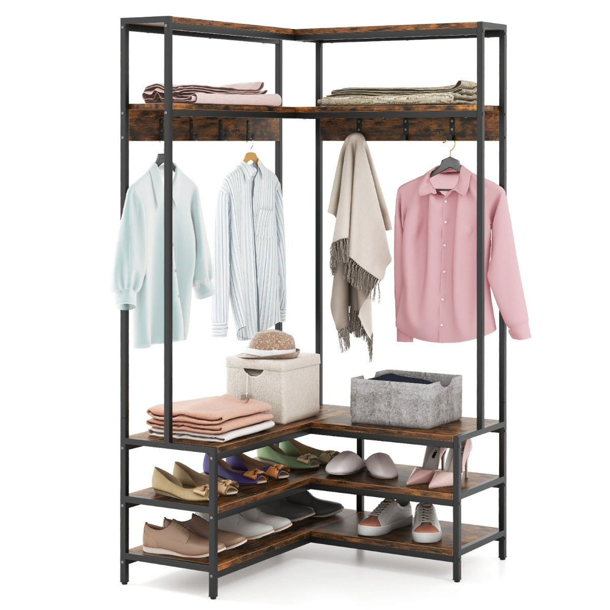 Hörnklädhängare – med bänk L formad öppna hyllor Rustikbrun – 90 x 90 x 178 cm – Rustik brun