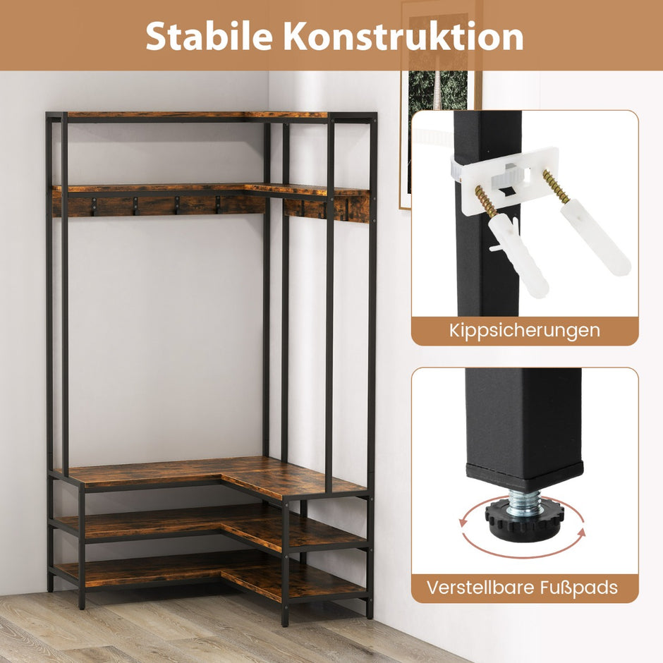 Hörnklädhängare – med bänk L formad öppna hyllor Rustikbrun – 90 x 90 x 178 cm – Rustik brun